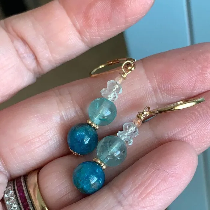 Love Vintage Paris Apatite Fluorite Aquamarine and Peach Moonstone Earrings Gold Filled Handmade Earrings