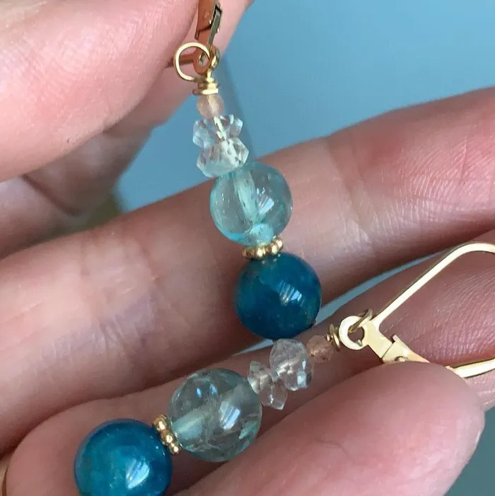 Love Vintage Paris Apatite Fluorite Aquamarine and Peach Moonstone Earrings Gold Filled Handmade Earrings