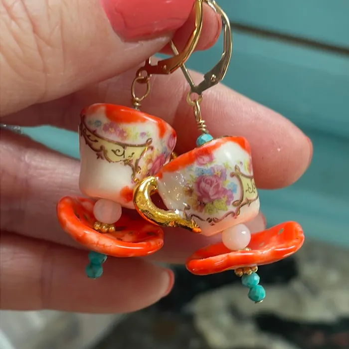 Love Vintage Paris Ceramic Tea Cup Earrings Opal Glass Handmade Earrings