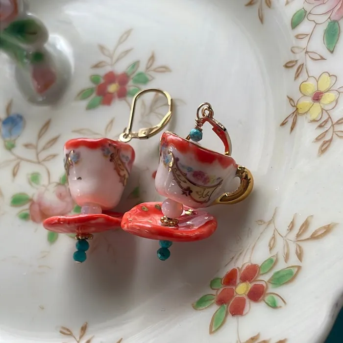Love Vintage Paris Ceramic Tea Cup Earrings Opal Glass Handmade Earrings Love Vintage Paris Ceramic Tea Cup Earrings Opal Glass Handmade Earrings