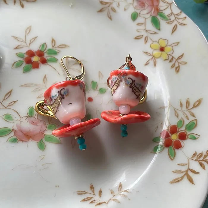 Love Vintage Paris Ceramic Tea Cup Earrings Opal Glass Handmade Earrings Love Vintage Paris Ceramic Tea Cup Earrings Opal Glass Handmade Earrings