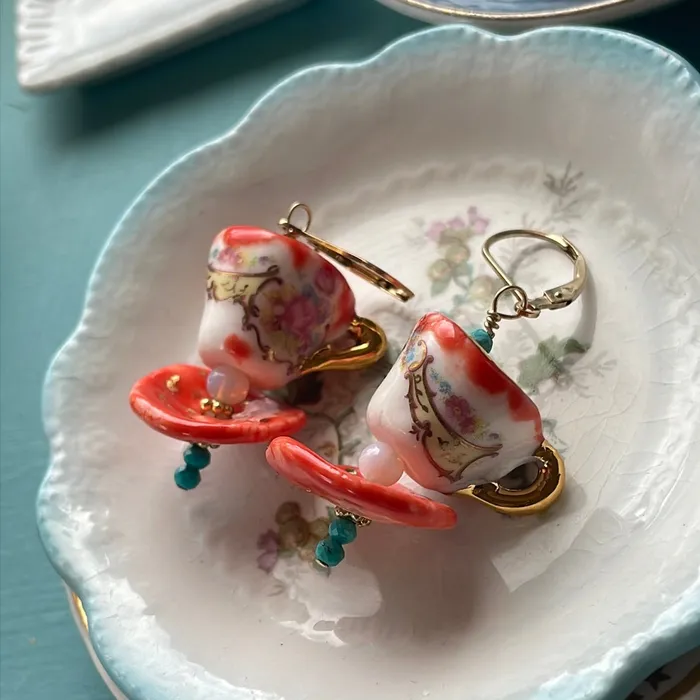 Love Vintage Paris Ceramic Tea Cup Earrings Opal Glass Handmade Earrings Love Vintage Paris Ceramic Tea Cup Earrings Opal Glass Handmade Earrings