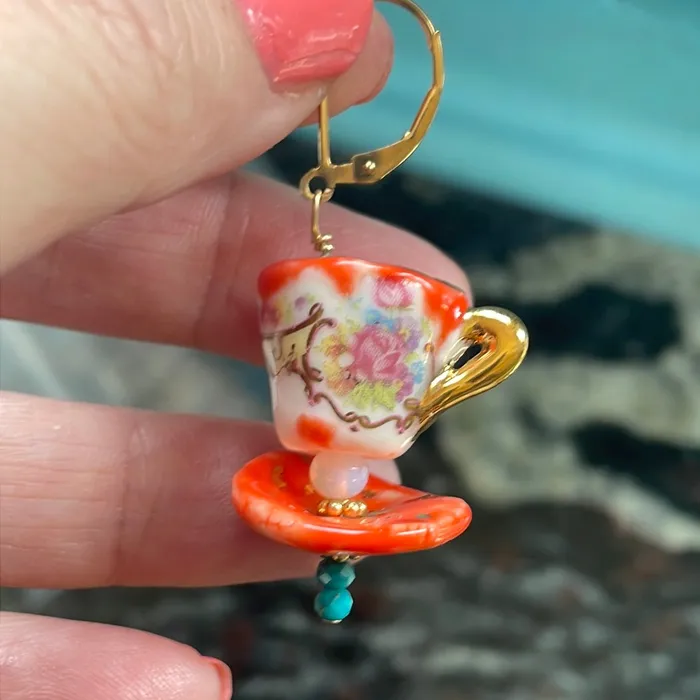 Love Vintage Paris Ceramic Tea Cup Earrings Opal Glass Handmade Earrings Love Vintage Paris Ceramic Tea Cup Earrings Opal Glass Handmade Earrings