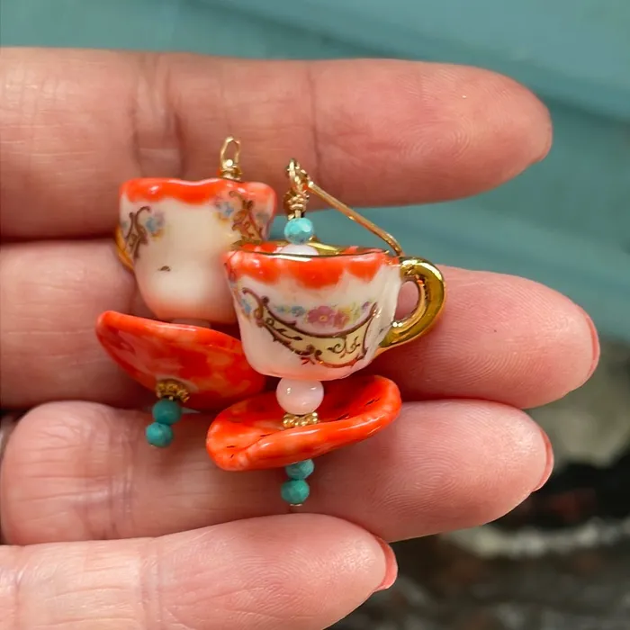 Love Vintage Paris Ceramic Tea Cup Earrings Opal Glass Handmade Earrings Love Vintage Paris Ceramic Tea Cup Earrings Opal Glass Handmade Earrings