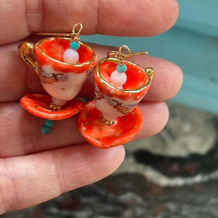 Love Vintage Paris Ceramic Tea Cup Earrings Opal Glass Handmade Earrings Love Vintage Paris Ceramic Tea Cup Earrings Opal Glass Handmade Earrings
