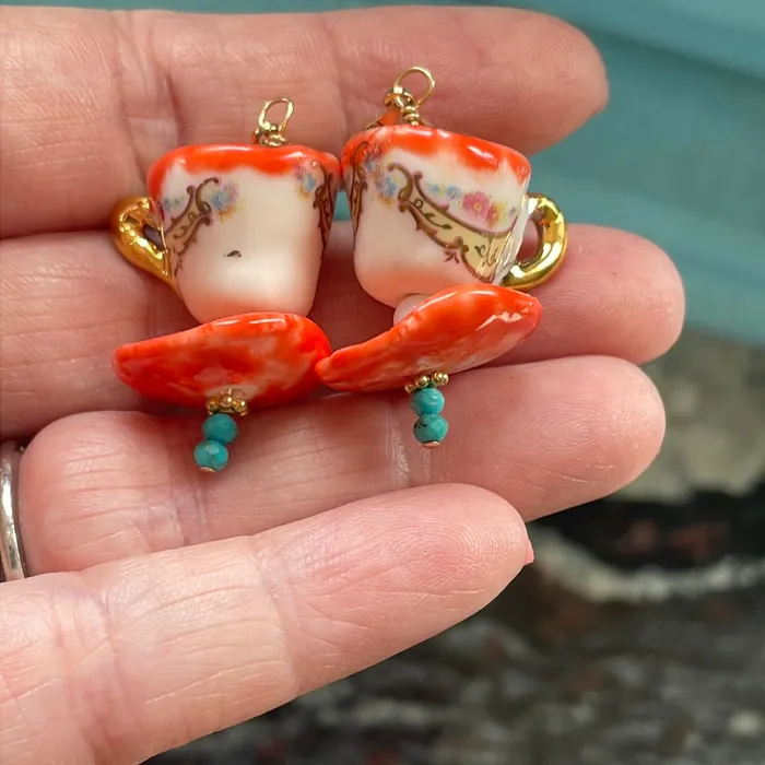 Love Vintage Paris Ceramic Tea Cup Earrings Opal Glass Handmade Earrings Love Vintage Paris Ceramic Tea Cup Earrings Opal Glass Handmade Earrings