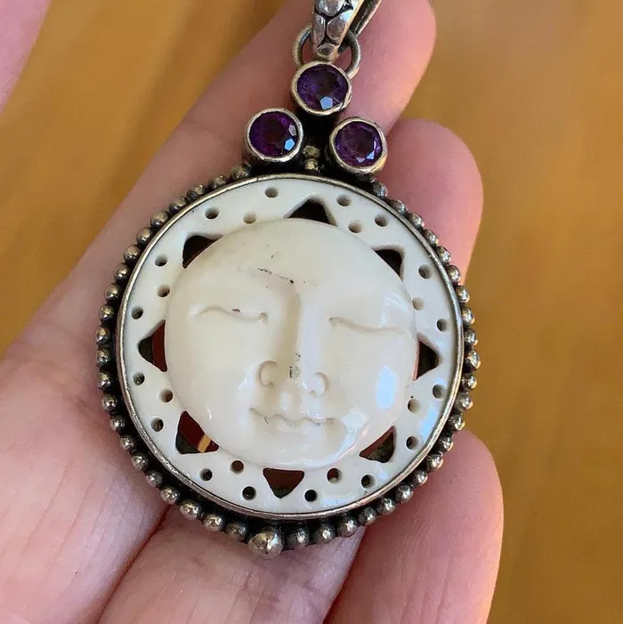 Love Vintage Paris Necklaces Carved Sun Pendant Amethyst Sterling Silver Vintage