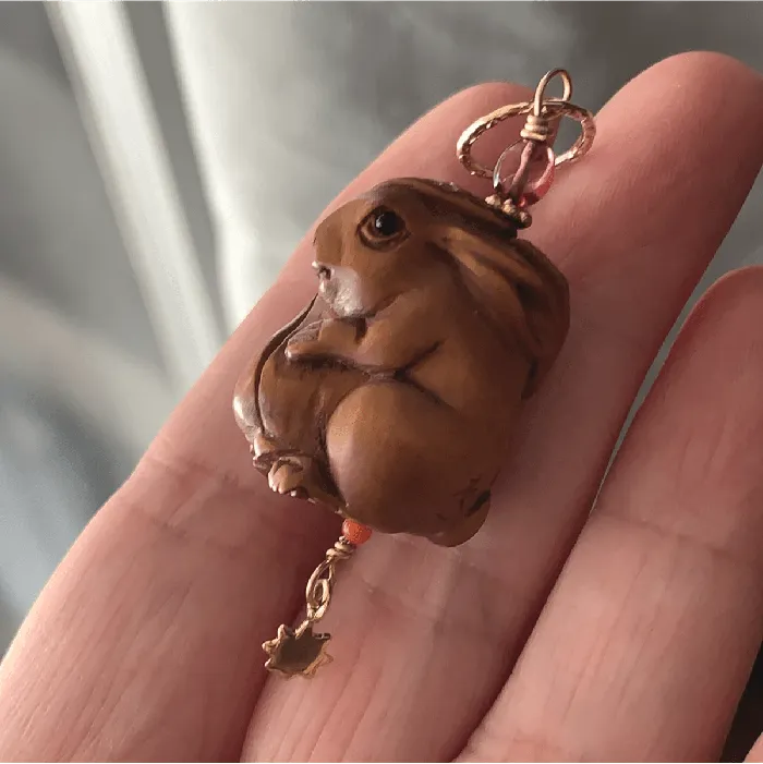 Necklaces Love Vintage Paris Rabbit Talisman Pendant Netsuke Garnet Coral and Bronze Handmade