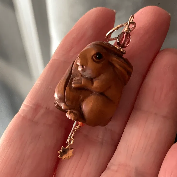 Necklaces Love Vintage Paris Rabbit Talisman Pendant Netsuke Garnet Coral and Bronze Handmade