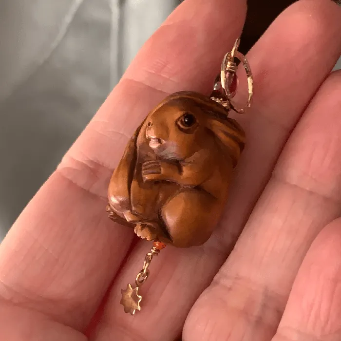 Necklaces Love Vintage Paris Rabbit Talisman Pendant Netsuke Garnet Coral and Bronze Handmade