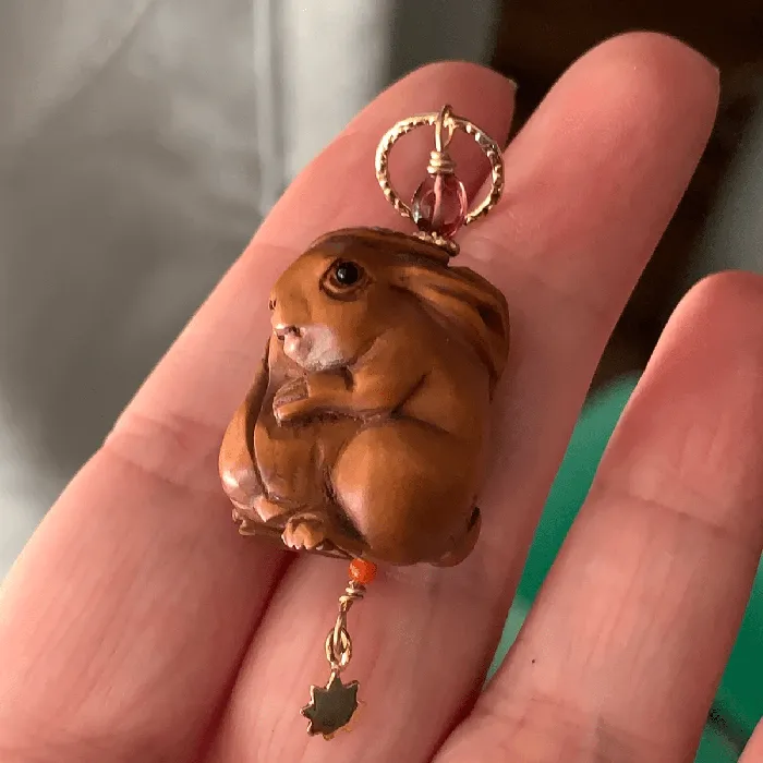 Necklaces Love Vintage Paris Rabbit Talisman Pendant Netsuke Garnet Coral and Bronze Handmade