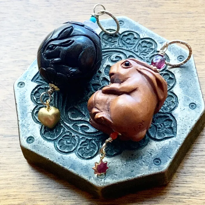 Necklaces Love Vintage Paris Rabbit Talisman Pendant Netsuke Garnet Coral and Bronze Handmade