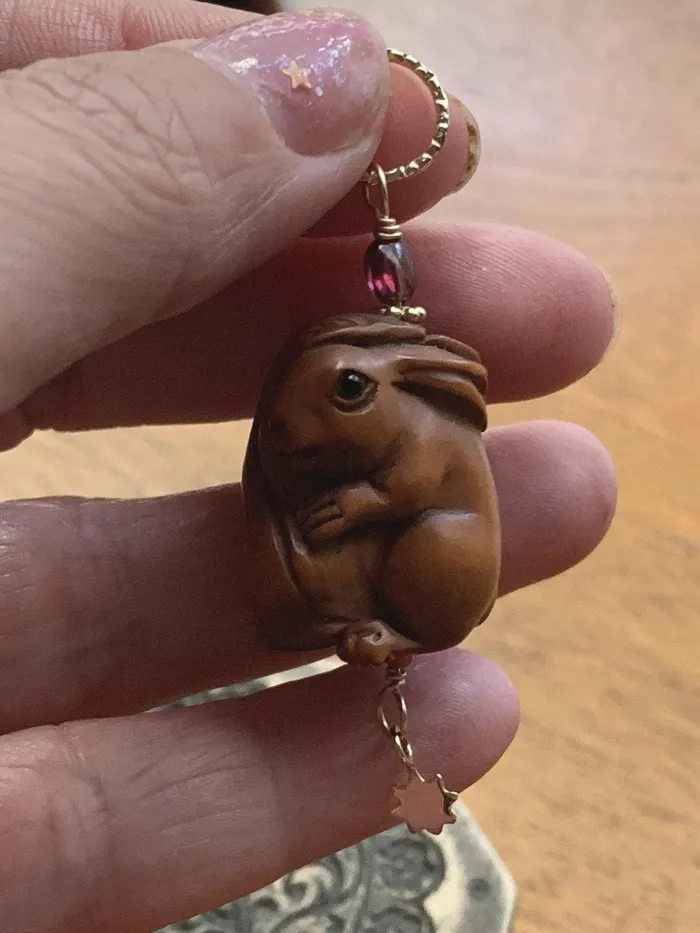 Necklaces Love Vintage Paris Rabbit Talisman Pendant Netsuke Garnet Coral and Bronze Handmade