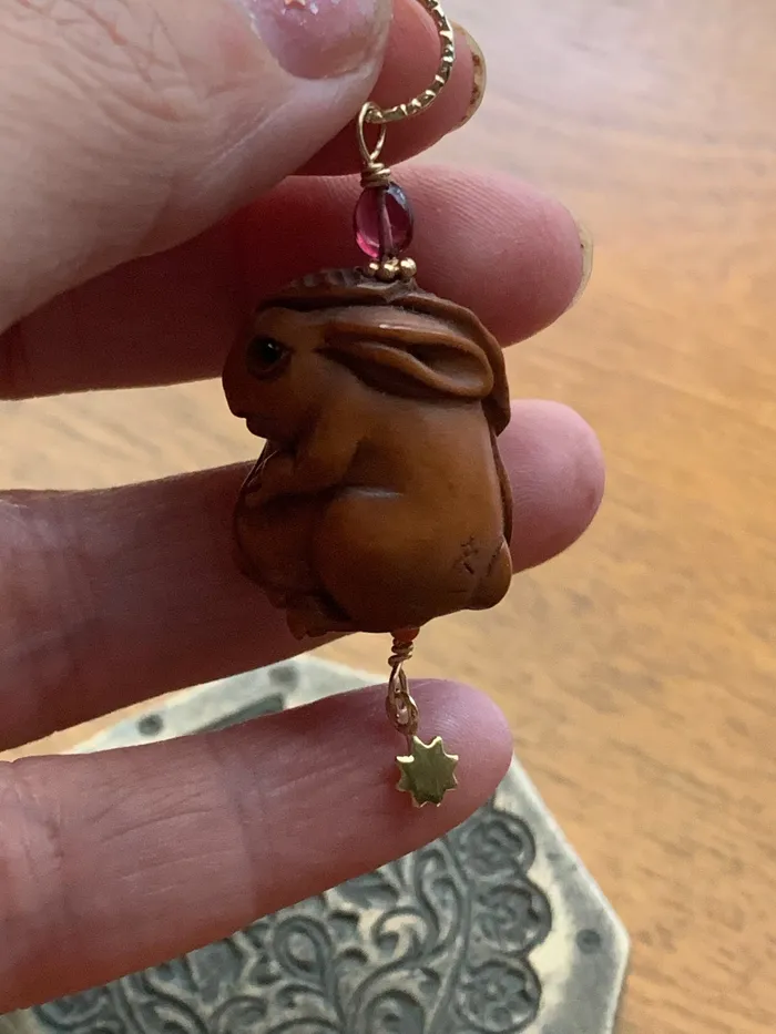 Necklaces Love Vintage Paris Rabbit Talisman Pendant Netsuke Garnet Coral and Bronze Handmade