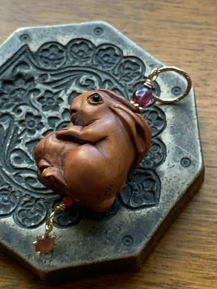 Necklaces Love Vintage Paris Rabbit Talisman Pendant Netsuke Garnet Coral and Bronze Handmade
