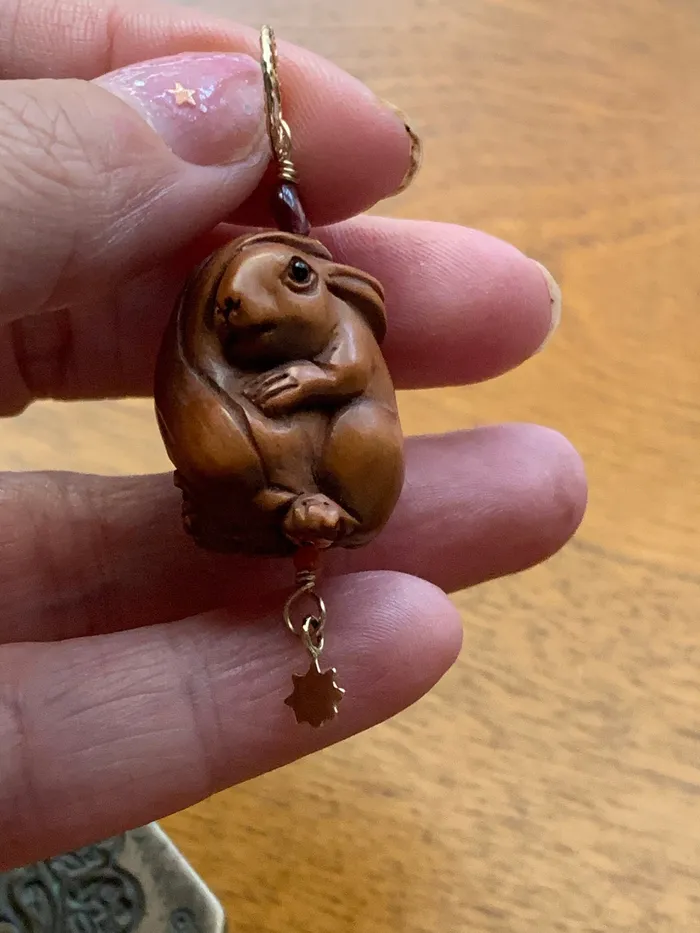 Necklaces Love Vintage Paris Rabbit Talisman Pendant Netsuke Garnet Coral and Bronze Handmade
