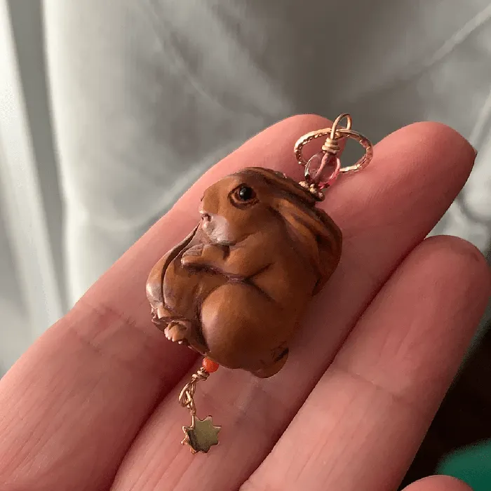Necklaces Love Vintage Paris Rabbit Talisman Pendant Netsuke Garnet Coral and Bronze Handmade