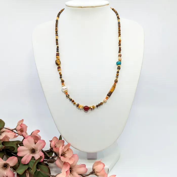 Necklaces Tigers Eye Mixed 17 Stone Bead Necklace LV7571 Bliss Crystals