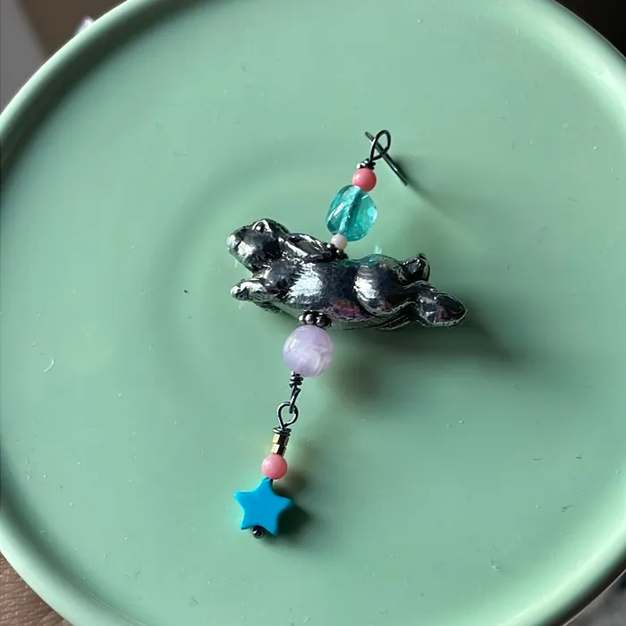 Necklaces Vintage Paris Jewelry Rabbit Talismanic Pendant Kunzite Turquoise Apatite and Coral Sterling Silver and Pewter Handmade