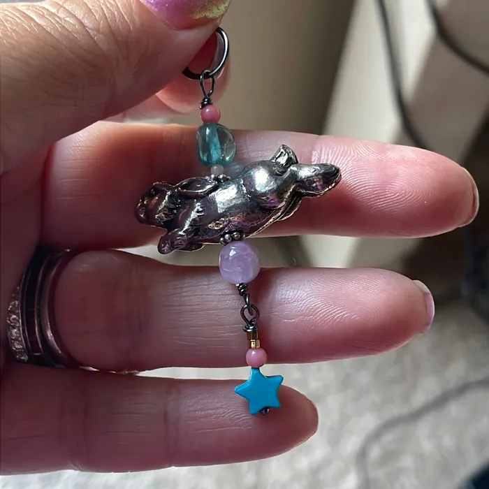 Necklaces Vintage Paris Jewelry Rabbit Talismanic Pendant Kunzite Turquoise Apatite and Coral Sterling Silver and Pewter Handmade
