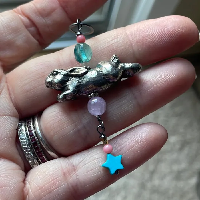 Necklaces Vintage Paris Jewelry Rabbit Talismanic Pendant Kunzite Turquoise Apatite and Coral Sterling Silver and Pewter Handmade