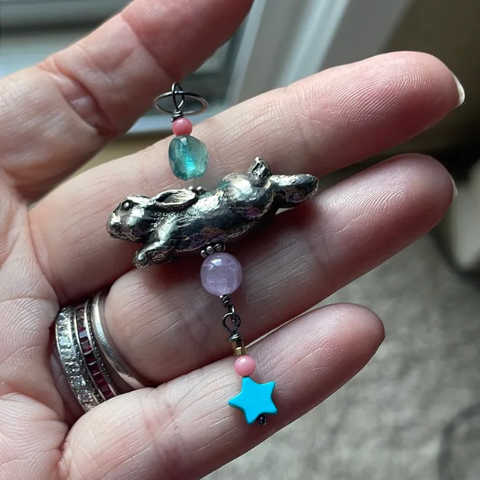 Necklaces Vintage Paris Jewelry Rabbit Talismanic Pendant Kunzite Turquoise Apatite and Coral Sterling Silver and Pewter Handmade