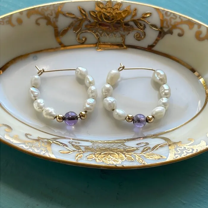 Pearl Amethyst Hoop Earrings 14k Gold Vintage Vintage Paris Jewelry Earrings Pearl Amethyst Hoop Earrings 14k Gold Vintage Vintage Paris Jewelry Earrings