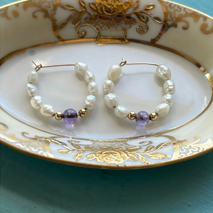 Pearl Amethyst Hoop Earrings 14k Gold Vintage Vintage Paris Jewelry Earrings Pearl Amethyst Hoop Earrings 14k Gold Vintage Vintage Paris Jewelry Earrings