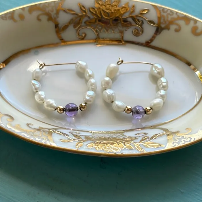 Pearl Amethyst Hoop Earrings 14k Gold Vintage Vintage Paris Jewelry Earrings Pearl Amethyst Hoop Earrings 14k Gold Vintage Vintage Paris Jewelry Earrings