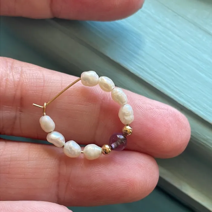 Pearl Amethyst Hoop Earrings 14k Gold Vintage Vintage Paris Jewelry Earrings Pearl Amethyst Hoop Earrings 14k Gold Vintage Vintage Paris Jewelry Earrings
