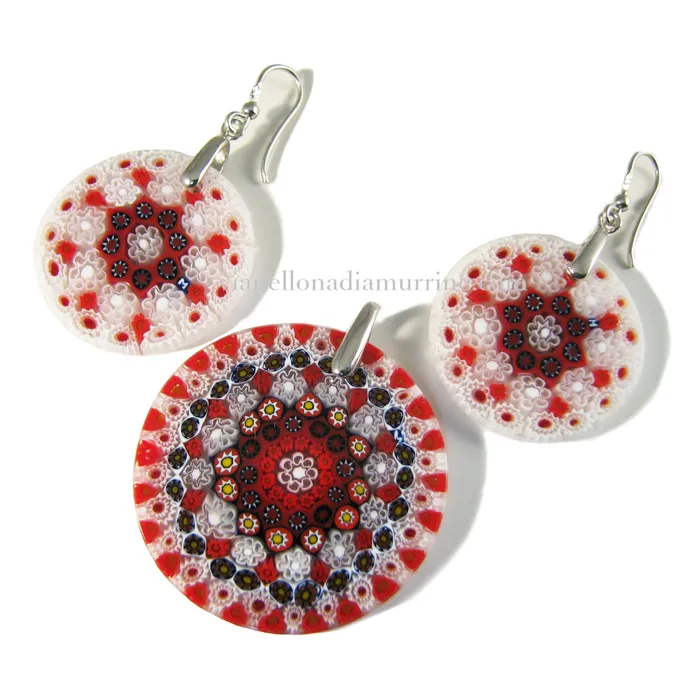 Red Murano glass Round Pendant and earrings set Millefiori 27 Vianello Nadia Murrine di Trebbi Davide Earrings Red Murano glass Round Pendant and earrings set Millefiori 27 Vianello Nadia Murrine di Trebbi Davide Earrings