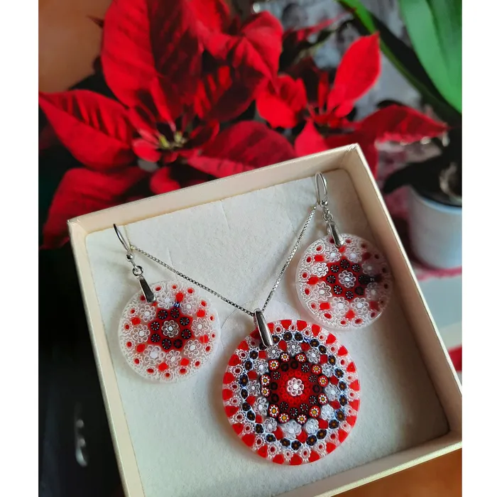 Red Murano glass Round Pendant and earrings set Millefiori 27 Vianello Nadia Murrine di Trebbi Davide Earrings