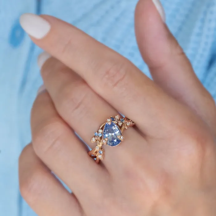 Rings Albrecht Jewellery Nature Inspired Pastel Blue Sapphire Leaf Engagement Ring 14K Gold