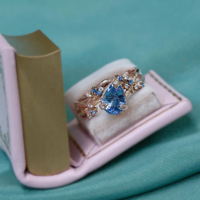 Rings Albrecht Jewellery Nature Inspired Pastel Blue Sapphire Leaf Engagement Ring 14K Gold