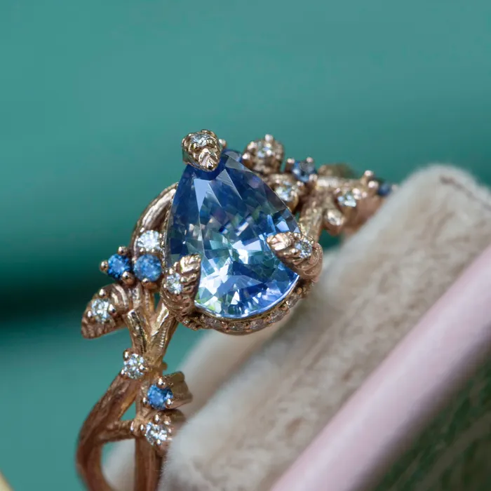 Rings Albrecht Jewellery Nature Inspired Pastel Blue Sapphire Leaf Engagement Ring 14K Gold