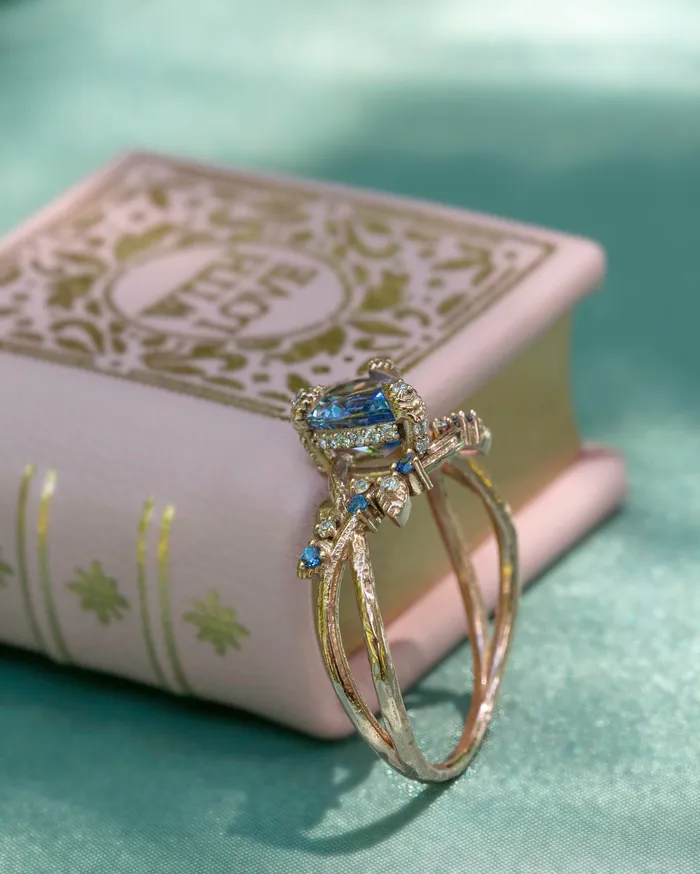 Rings Albrecht Jewellery Nature Inspired Pastel Blue Sapphire Leaf Engagement Ring 14K Gold