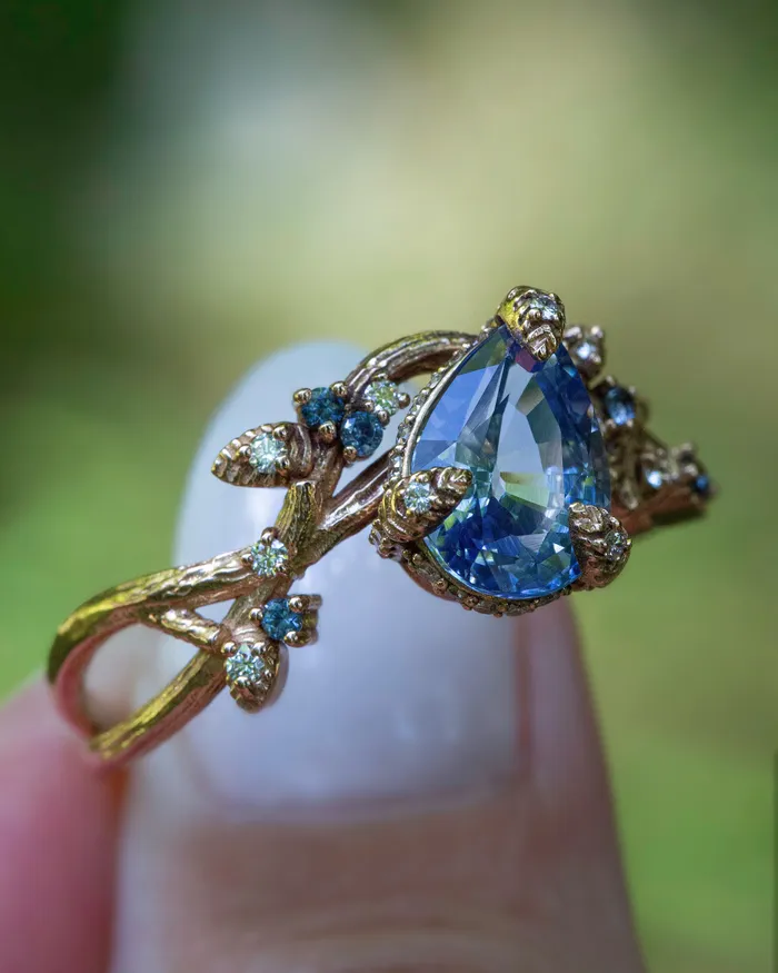 Rings Albrecht Jewellery Nature Inspired Pastel Blue Sapphire Leaf Engagement Ring 14K Gold