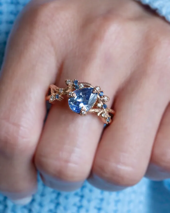 Rings Albrecht Jewellery Nature Inspired Pastel Blue Sapphire Leaf Engagement Ring 14K Gold