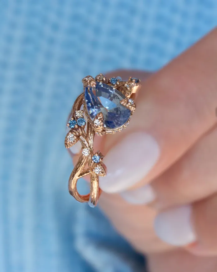Rings Albrecht Jewellery Nature Inspired Pastel Blue Sapphire Leaf Engagement Ring 14K Gold