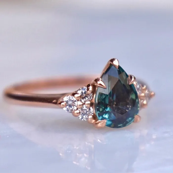 Rings AlbrechtJewellery Teal Sapphire Engagement Ring Pear Shape 14K Rose Gold Rings AlbrechtJewellery Teal Sapphire Engagement Ring Pear Shape 14K Rose Gold