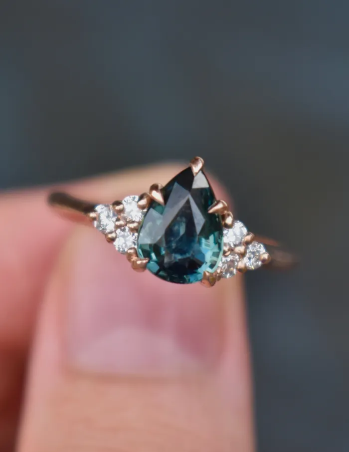 Rings AlbrechtJewellery Teal Sapphire Engagement Ring Pear Shape 14K Rose Gold Rings AlbrechtJewellery Teal Sapphire Engagement Ring Pear Shape 14K Rose Gold