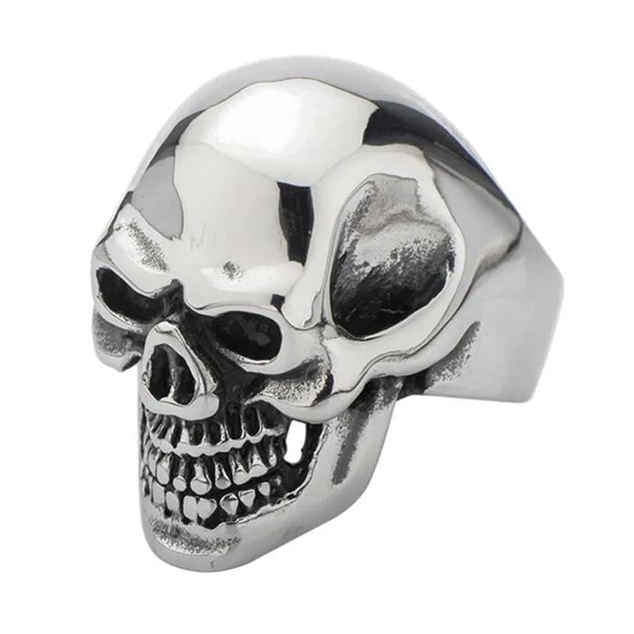 Rings Antiqued Silver Tone Stainless Steel Grinning Skull Ring INOX JEWELRY