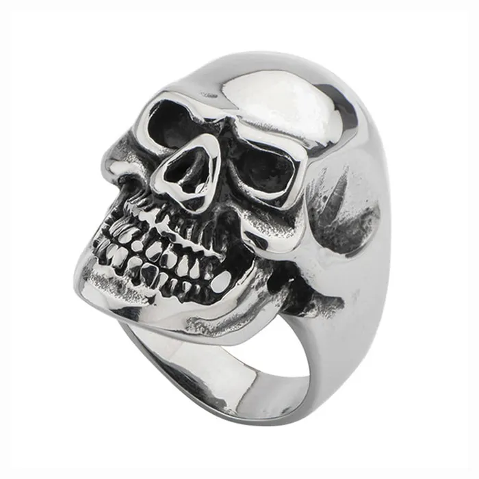 Rings Antiqued Silver Tone Stainless Steel Grinning Skull Ring INOX JEWELRY