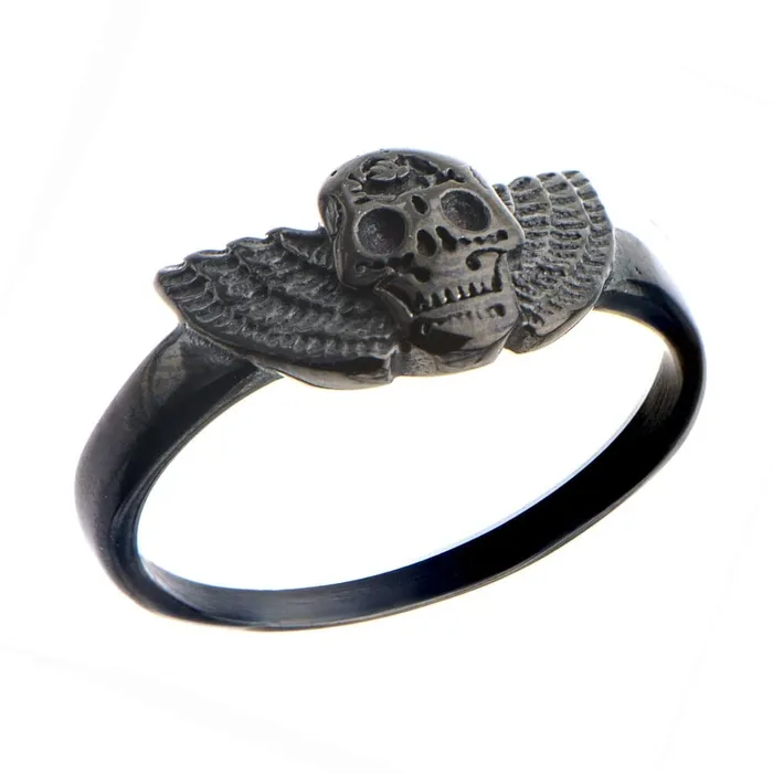 Rings INOX JEWELRY Black Stainless Steel Skull with Wings Ring
