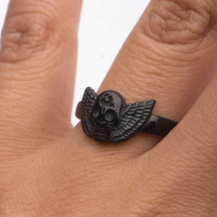Rings INOX JEWELRY Black Stainless Steel Skull with Wings Ring